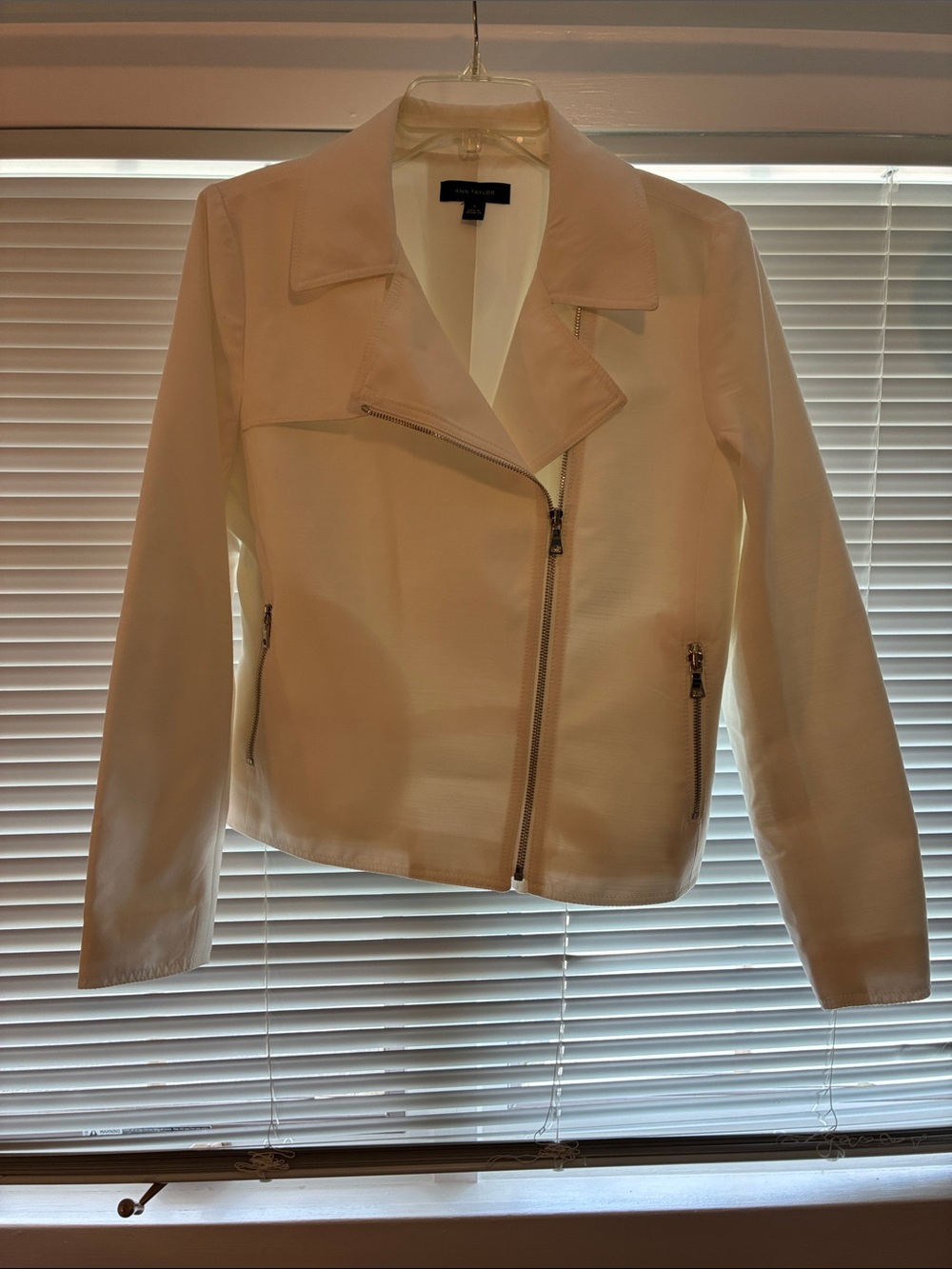 Ann Taylor Cream Asymmetrical Zip Moto Blazer